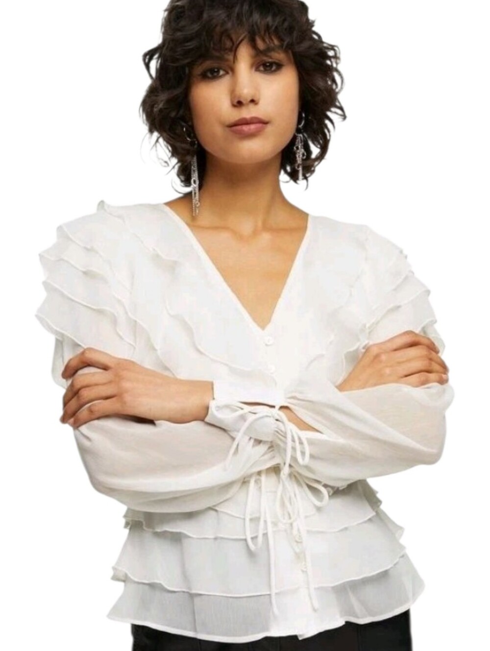 🤍 Topshop Sheer Ruffle Blouse | Ivory Layered Top | Tie Back | Size 10